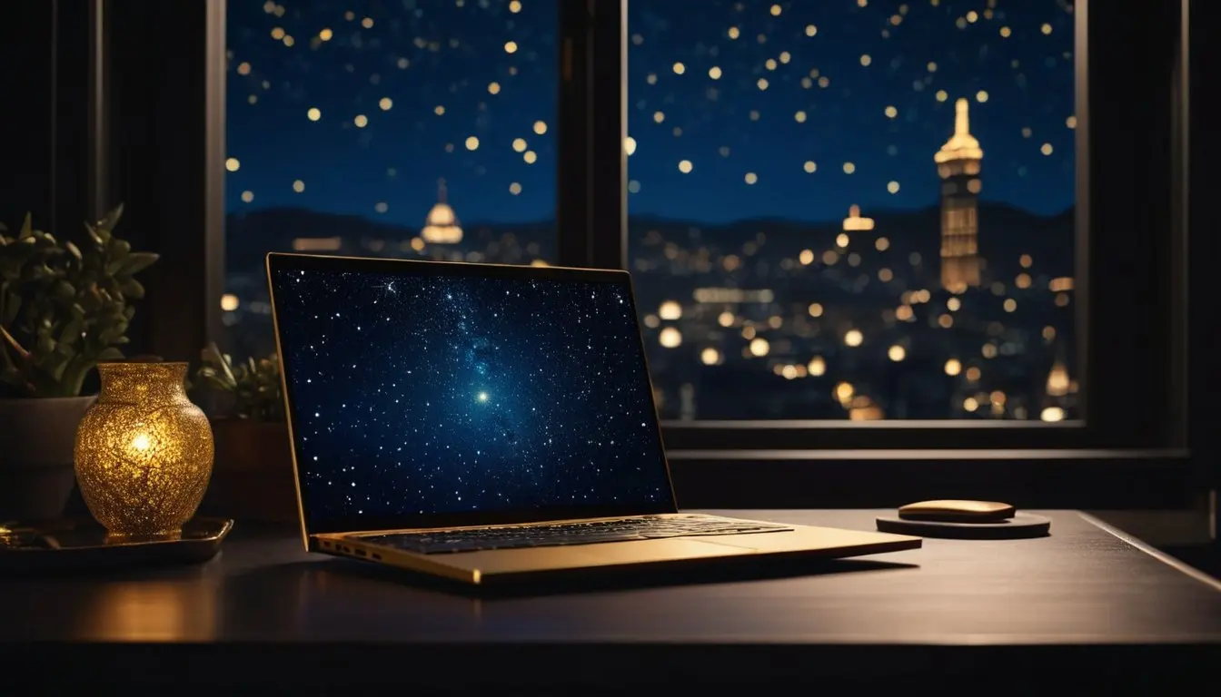 Laptop ze stroną internetową na biurku nocą